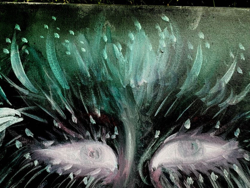Abstract painting depicting two pale, ghostly fish or wing-like forms surrounded by flowing teal, green, and black brushstrokes.